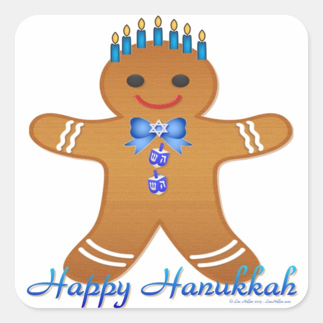 Pegatina Cuadrada Feliz Hanukkah Gingerbread Man Menorah (Anverso)