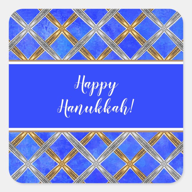 Pegatina Cuadrada Feliz Hanukkah Gold, Silver y White Laces (Anverso)