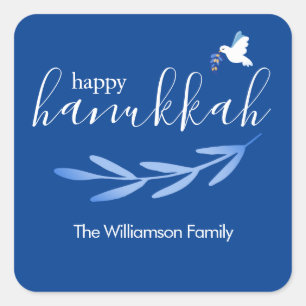 Pegatina Cuadrada Feliz Hanukkah   Hanukkah azul y blanco moderno
