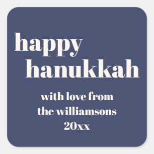 Pegatina Cuadrada Feliz Hanukkah, la marina moderna, azul personaliz