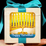 Pegatina Cuadrada Feliz Hanukkah Trendy Artsy Yellow Gold Menorah<br><div class="desc">"Feliz Hanukkah". Una foto de primer plano de una brillante, colorida y amarilla foto de una estrella del arte dorado menorah te ayuda a inaugurar las vacaciones de Hanukkah. Sienta el calor y la alegría de la temporada de vacaciones cada vez que usas este impresionante y colorido pegatina Hanukkah. En...</div>