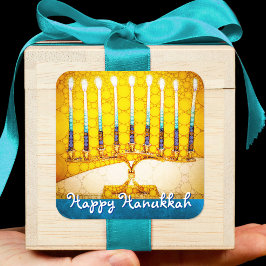 Pegatina Cuadrada Feliz Hanukkah Trendy Artsy Yellow Gold Menorah