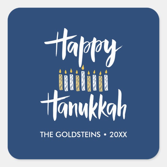 Pegatina Cuadrada Feliz Hanukkah Velas azul personalizado amarillo (Anverso)