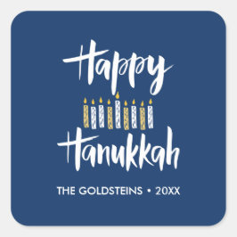 Pegatina Cuadrada Feliz Hanukkah Velas azul personalizado amarillo