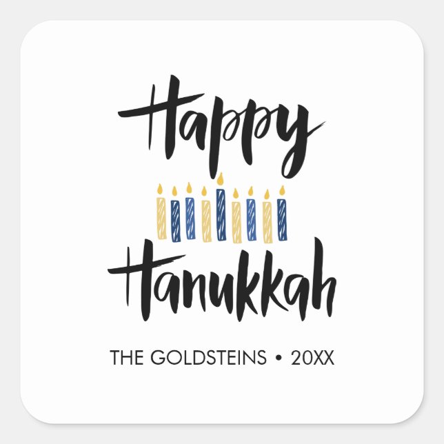 Pegatina Cuadrada Feliz Hanukkah Velas azul personalizado amarillo (Anverso)