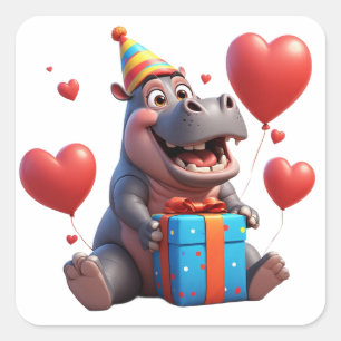 Pegatina Cuadrada Feliz Hipopótamo Con Globos Y Regalo 🎂