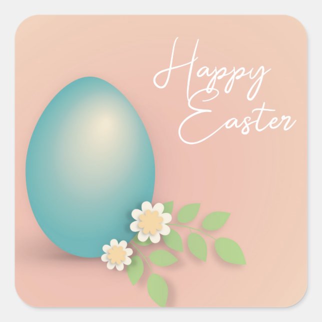 Pegatina Cuadrada Feliz Huevo de Pascua azul pastel floral (Anverso)
