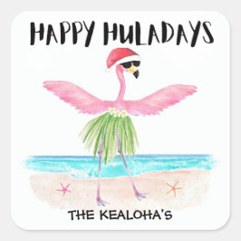 Pegatina Cuadrada Feliz Huladays Flamingo Tropical Beach Navidades
