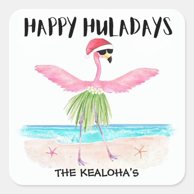 Pegatina Cuadrada Feliz Huladays Flamingo Tropical Beach Navidades (Anverso)