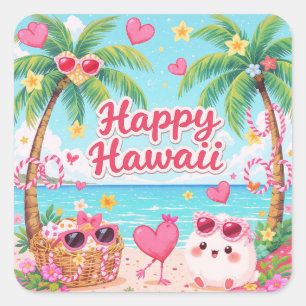 Pegatina Cuadrada Feliz Kawaii