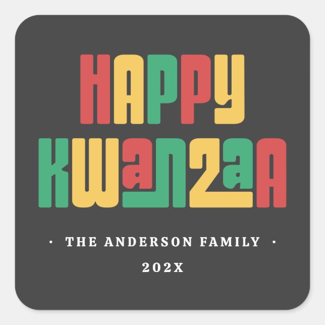 Pegatina Cuadrada Feliz Kwanzaa texto rojo verde amarillo (Anverso)