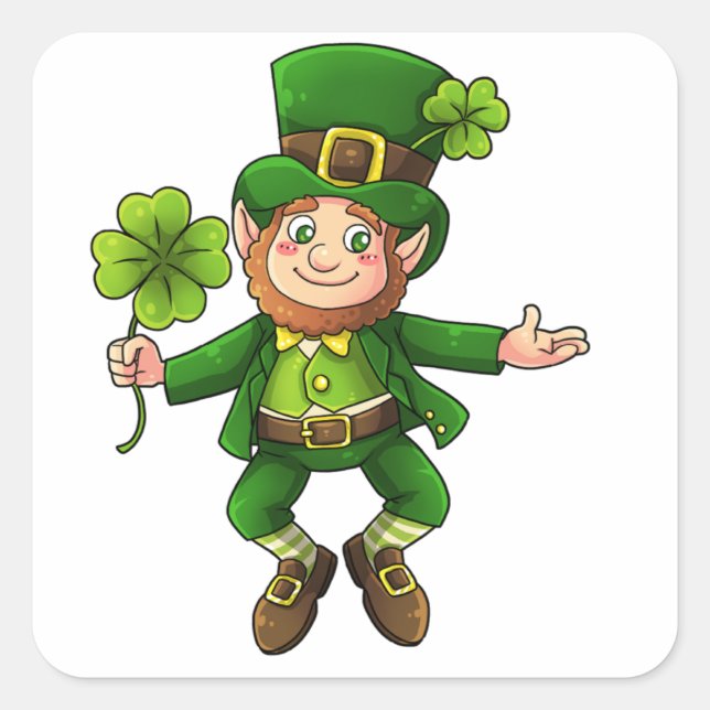 Pegatina Cuadrada Feliz Leprechaun y Shamrock (Anverso)