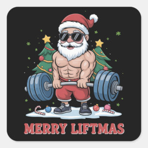 Pegatina Cuadrada Feliz Levantamiento de Navidad Santa Fitness Gimna