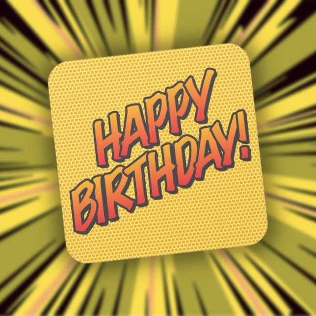 Pegatina Cuadrada FELIZ libro de cómics retro de cumpleaños (HAPPY BIRTHDAY Fun Retro Comic Book Square Sticker)