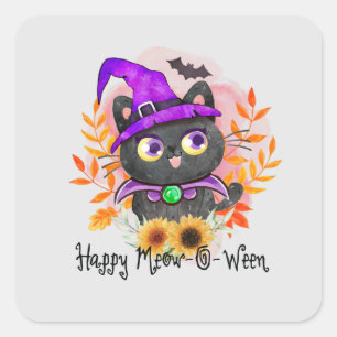 Pegatina Cuadrada Feliz Meow-o-ween-Black Witch Cat