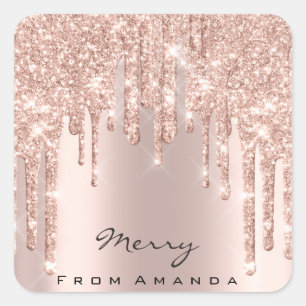 Pegatina Cuadrada Feliz Navidad 16.ª Chispa De Oro Rosa