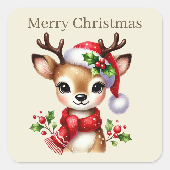 Pegatina Cuadrada Feliz Navidad a los renos agregar texto (Anverso)