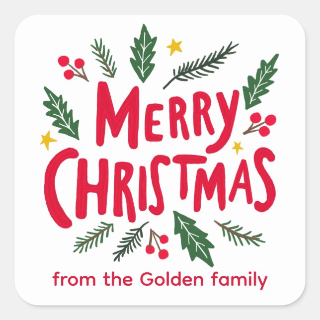 Pegatina Cuadrada FELIZ NAVIDAD A MANO Drenar vacaciones PERSONALIZA (Anverso)