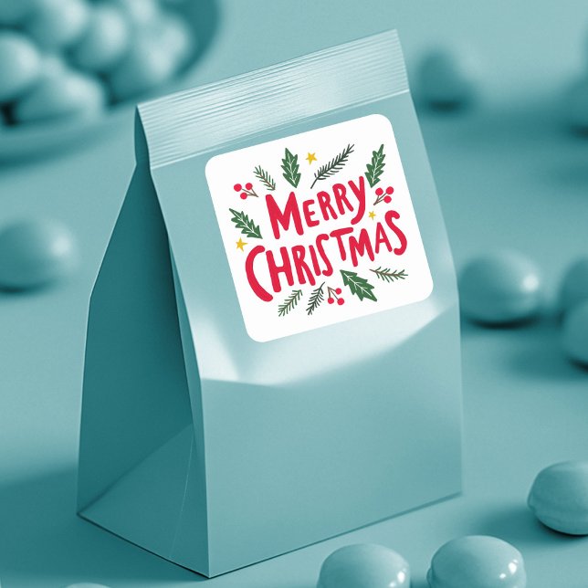 Pegatina Cuadrada FELIZ NAVIDAD A MANO Festividad caprichosa (MERRY CHRISTMAS Hand-Drawn Holiday Whimsical Cute Square Sticker
)