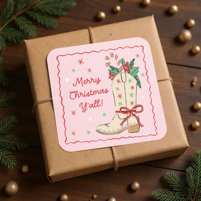 Pegatina Cuadrada Feliz Navidad a todos vaquero  ("merry Christmas y'all" gift stickers with hand-drawn cowboy boot)