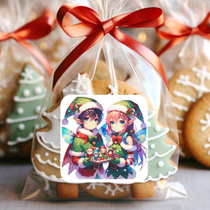 Pegatina Cuadrada Feliz Navidad acuarela Anime Elves Holiday