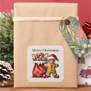 Pegatina Cuadrada Feliz Navidad agregar pan de jengibre de texto