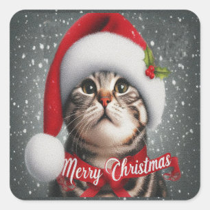 Pegatina Cuadrada Feliz Navidad American shorthair Cat, Santa Cat