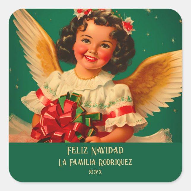 Pegatina Cuadrada "Feliz Navidad" Angel Christmas Sticker (Anverso)
