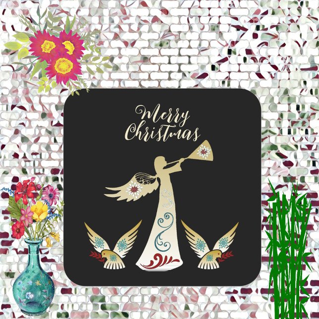 Pegatina Cuadrada Feliz Navidad Angel Gold Trumpet Arte decorativo (Merry Christmas Angel Gold Trumpet Decorative Art Square Sticker)