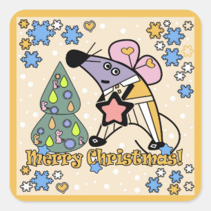 Pegatina Cuadrada Feliz Navidad Año Nuevo Símbolo Mouse Personalizad