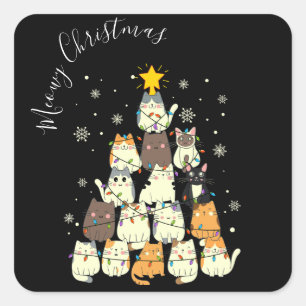 Pegatina Cuadrada Feliz Navidad Árbol de Gatos