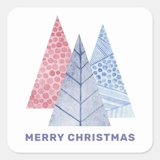 Pegatina Cuadrada Feliz Navidad. Árbol de invierno geométrico de acu (Anverso)