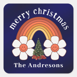 Pegatina Cuadrada Feliz Navidad Arcoiris personalizado