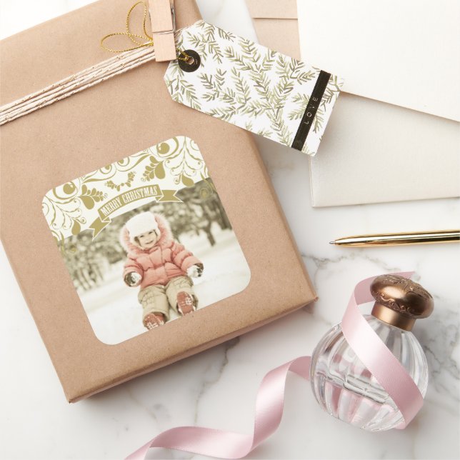 Pegatina Cuadrada Feliz Navidad Art Nouveau Floral Flourist Foto (Regalar)