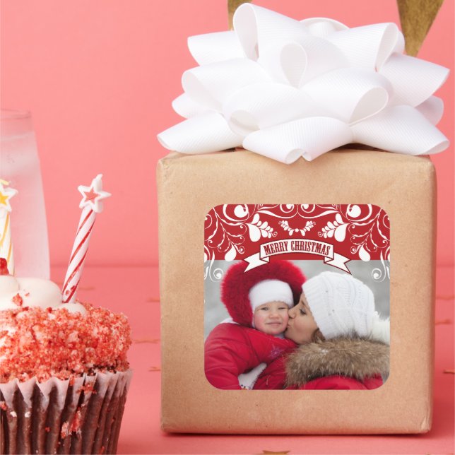 Pegatina Cuadrada Feliz Navidad Art Nouveau Floral Flourist Foto (Fiesta)