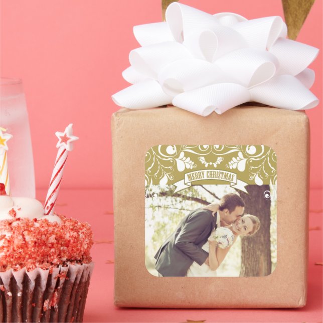 Pegatina Cuadrada Feliz Navidad Art Nouveau Floral Flourist Foto (Fiesta)