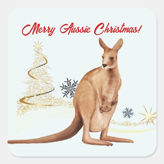 Pegatina Cuadrada Feliz Navidad Australiana Canguro (Anverso)