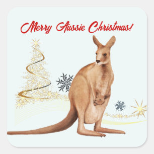 Pegatina Cuadrada Feliz Navidad Australiana Canguro