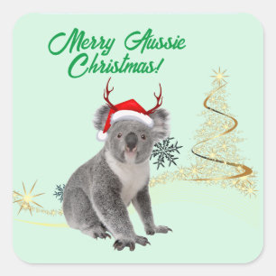 Pegatina Cuadrada Feliz Navidad australiana koala