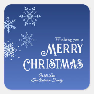 Pegatina Cuadrada Feliz Navidad Azul Moderno Copo de Nieve
