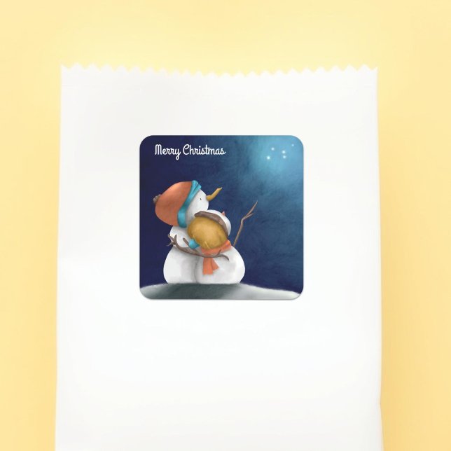 Pegatina Cuadrada Feliz Navidad azul noche Snowmen abrazando (Subido por el creador)