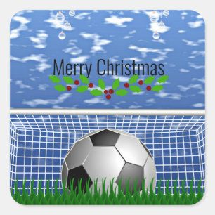 Pegatina Cuadrada Feliz Navidad .Balón y red de fútbol,