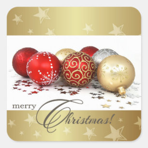 Pegatina Cuadrada Feliz Navidad. Baubles de oro rojo