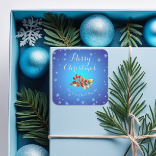 Pegatina Cuadrada Feliz Navidad Bayas de Acebo Rojas Azul Hielo