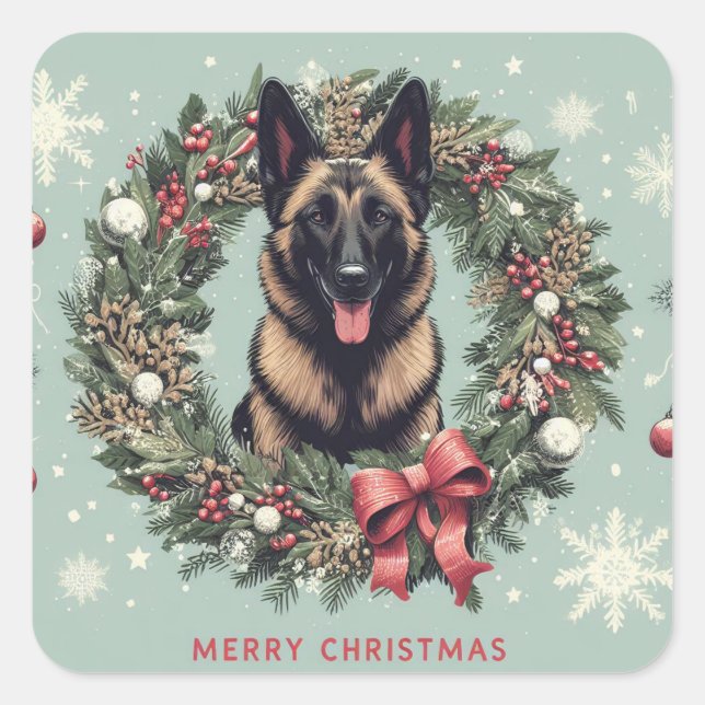 Pegatina Cuadrada Feliz Navidad Belga Malinois Dog Xmas (Anverso)