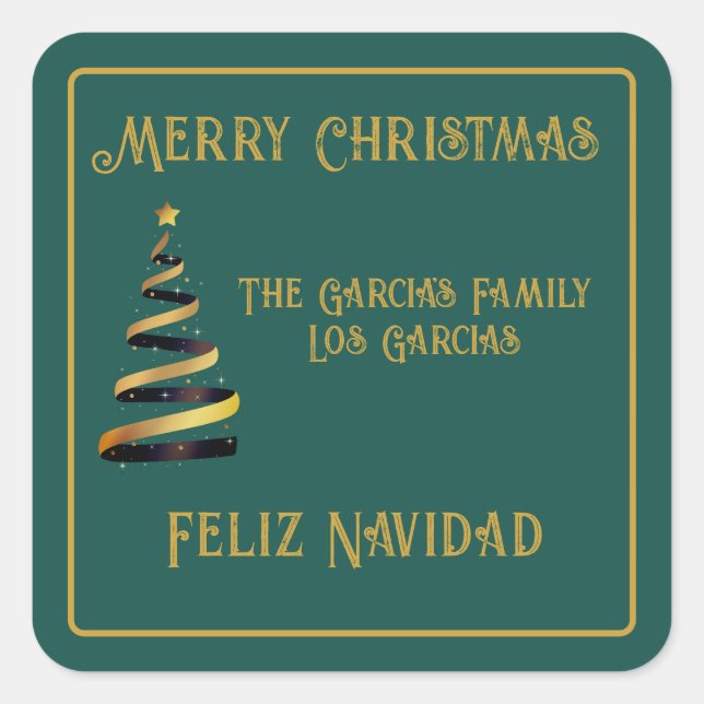 Pegatina Cuadrada Feliz Navidad bilingüe Navidad verde oro (Anverso)