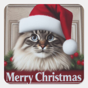 Pegatina Cuadrada Feliz Navidad Birman Cat, Navidad Santa Birman Cat