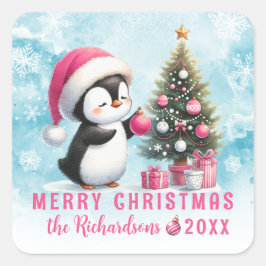 Pegatina Cuadrada Feliz Navidad Blue Pink Cute Penguin Personalizado