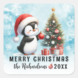 Pegatina Cuadrada Feliz Navidad Blue Red Cute Penguin Family