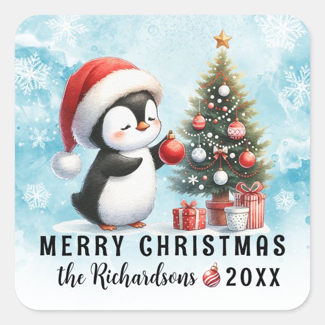 Pegatina Cuadrada Feliz Navidad Blue Red Cute Penguin Family (Anverso)
